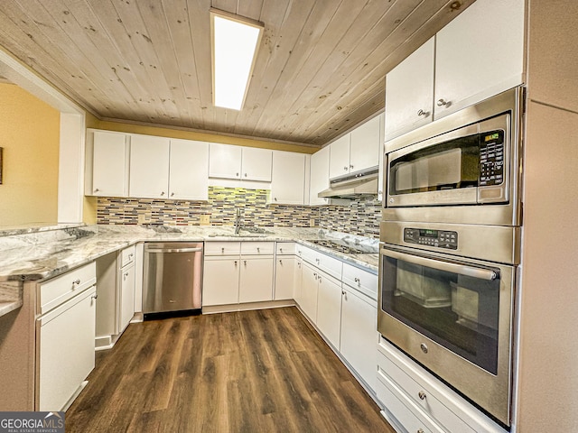 34 Sun Valley Cir Unit 8001, Sky Valley, GA 30537 - kitchen featuring appliances with stainless steel finishes, a sink, under cabinet range hood, wood ceiling, and tasteful backsplash