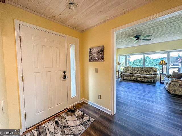 entryway with ceiling fan, wood ceiling, and dark wood-type flooring