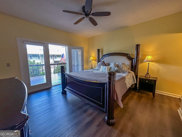 bedroom featuring a textured ceiling, access to outside, dark hardwood / wood-style flooring, and ceiling fan