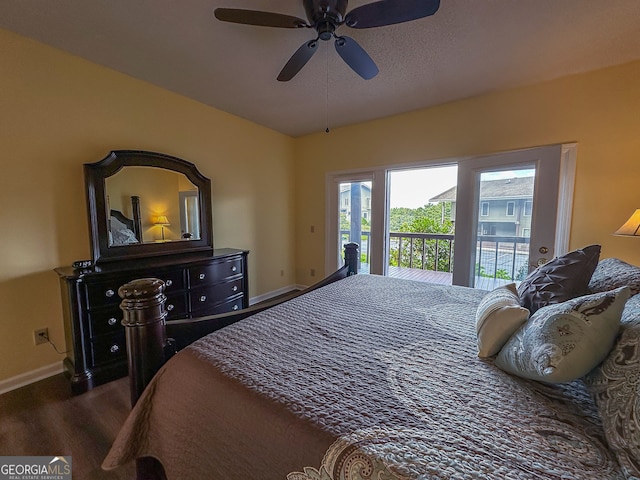 bedroom with ceiling fan, access to outside, and dark hardwood / wood-style flooring