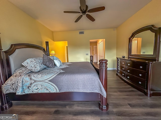 bedroom featuring ceiling fan and dark hardwood / wood-style floors