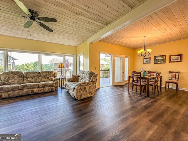 living room with beamed ceiling, ceiling fan with notable chandelier, dark hardwood / wood-style flooring, and wood ceiling