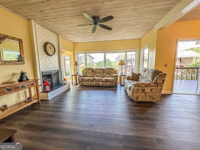 living room featuring wood ceiling, ceiling fan, and dark hardwood / wood-style floors