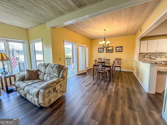 living room featuring wooden ceiling, dark hardwood / wood-style flooring, and a chandelier