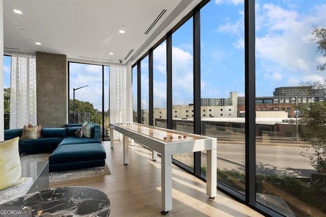 game room with hardwood / wood-style flooring and expansive windows