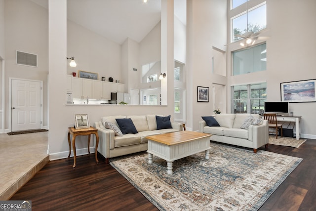 living room featuring dark wood-type flooring and a high ceiling