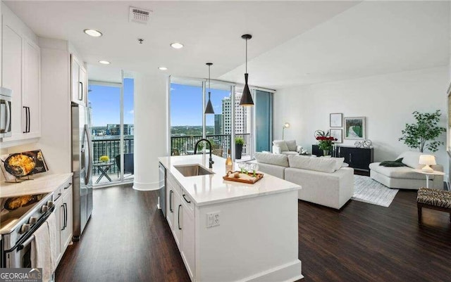 kitchen featuring white cabinets, a center island with sink, sink, and dark hardwood / wood-style flooring