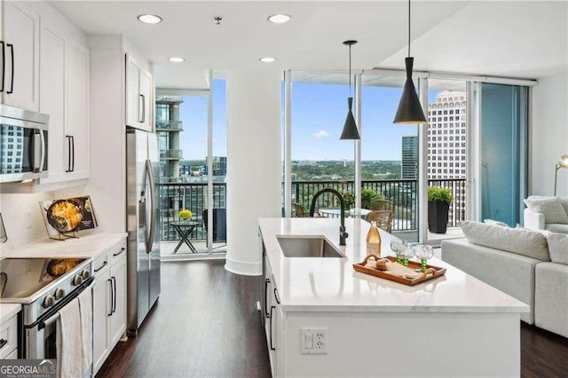 kitchen with an island with sink, appliances with stainless steel finishes, hanging light fixtures, and sink