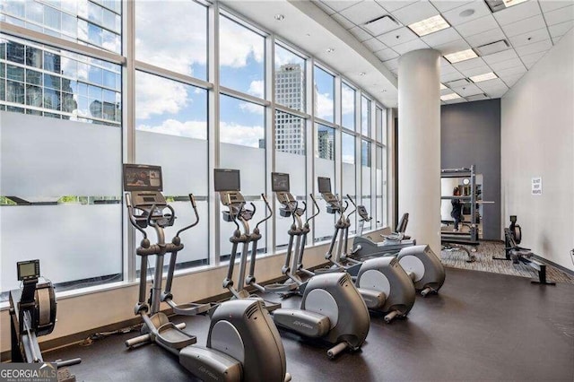 gym featuring a drop ceiling and a wealth of natural light