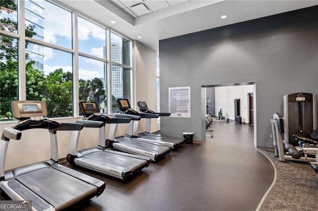 exercise room featuring a high ceiling