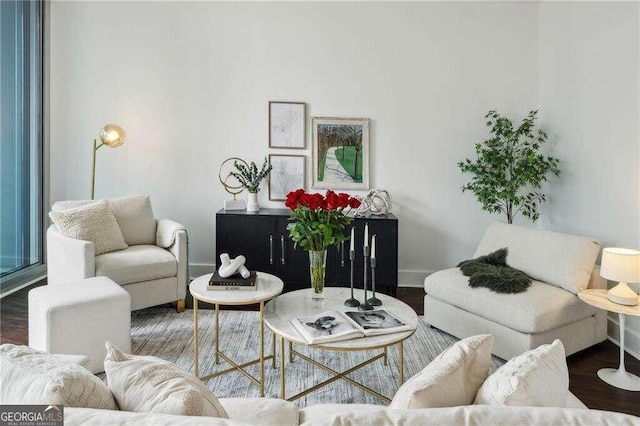 living room with dark hardwood / wood-style flooring