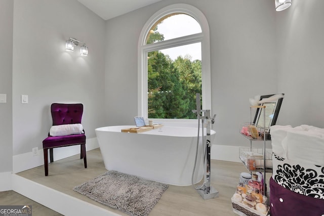 bathroom with hardwood / wood-style flooring and a tub