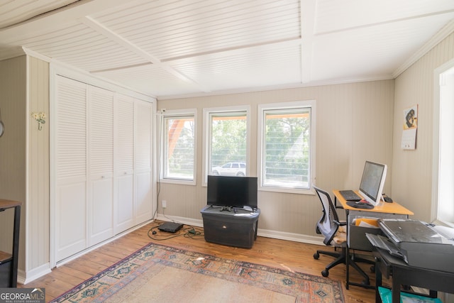 home office featuring crown molding and hardwood / wood-style floors