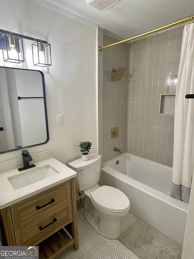 full bathroom with shower / tub combo with curtain, vanity, toilet, and tile patterned flooring