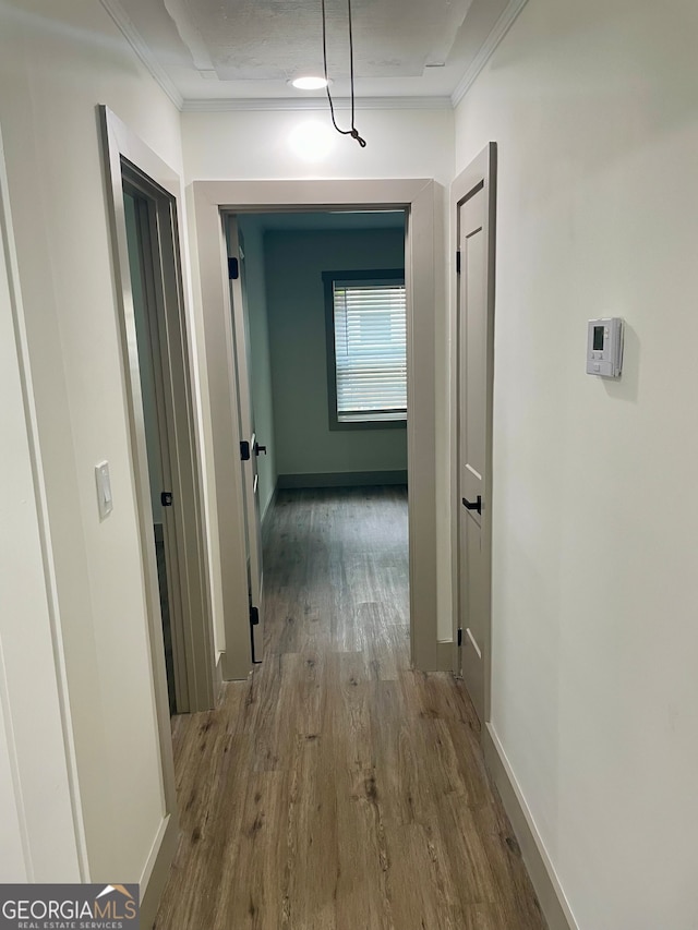 hall with wood-type flooring and ornamental molding