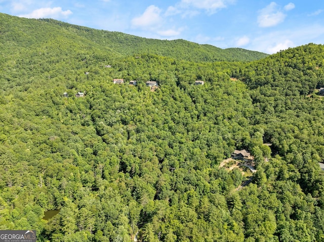 aerial view with a mountain view and a wooded view