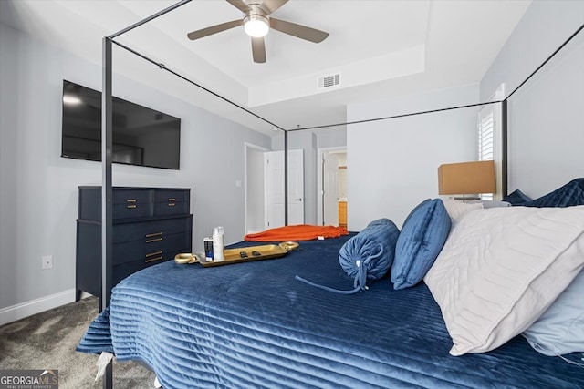 bedroom featuring carpet flooring and ceiling fan