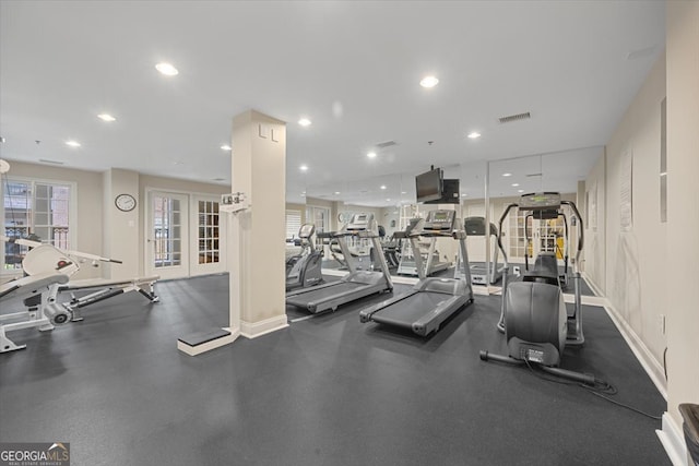 exercise room featuring french doors