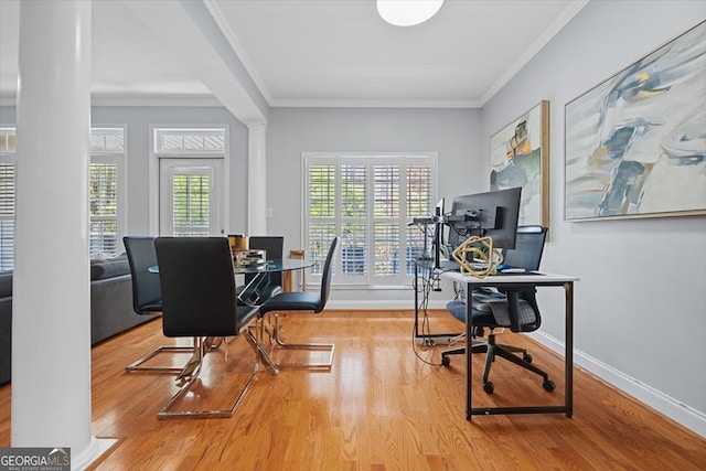 office featuring light hardwood / wood-style flooring and ornamental molding