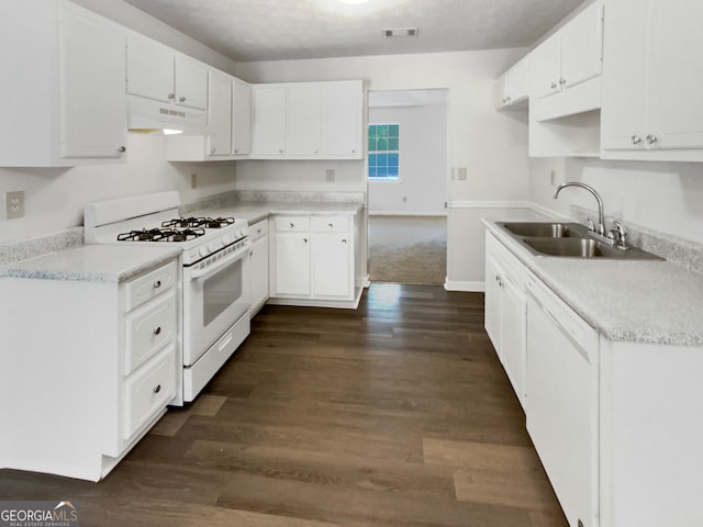 kitchen with white range with gas cooktop, dark hardwood / wood-style floors, and white cabinetry