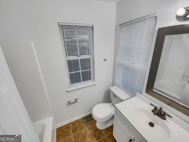 full bathroom featuring shower with separate bathtub, tile patterned floors, vanity, and toilet