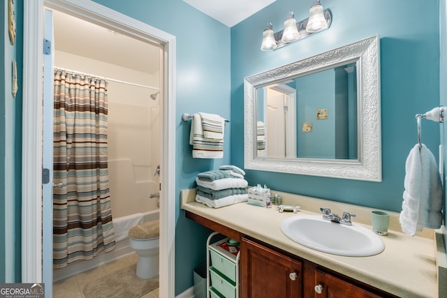 full bathroom with shower / bath combo, vanity, toilet, and tile patterned floors