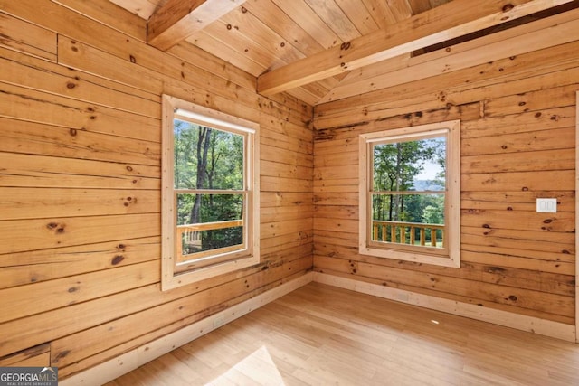 unfurnished room with vaulted ceiling with beams, light wood-type flooring, wood walls, and wood ceiling