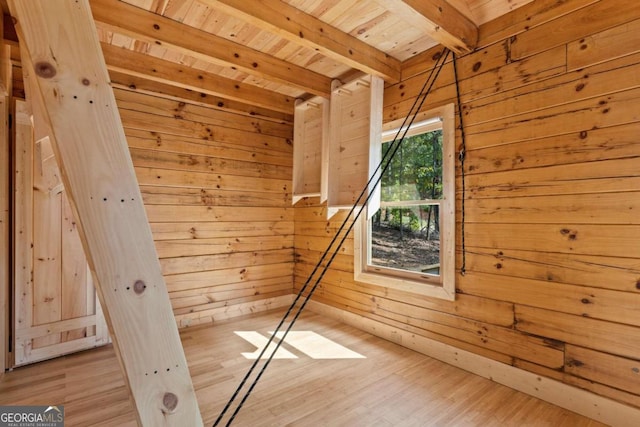 additional living space featuring wood ceiling, light hardwood / wood-style floors, wood walls, and beamed ceiling