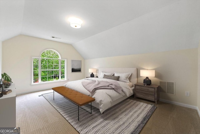 bedroom with lofted ceiling and carpet floors