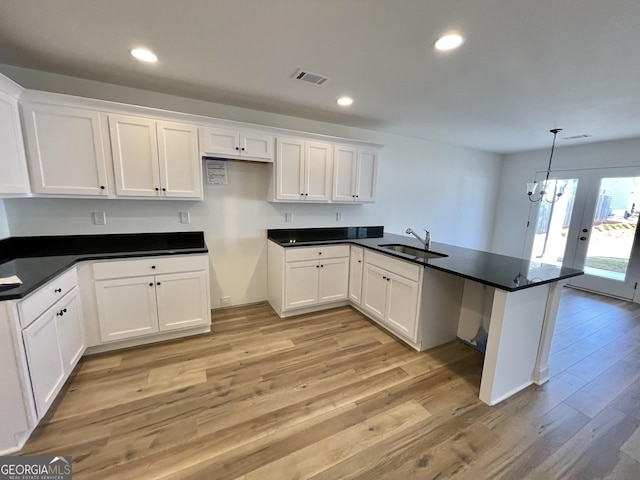 kitchen featuring dark countertops, white cabinets, a sink, and a peninsula