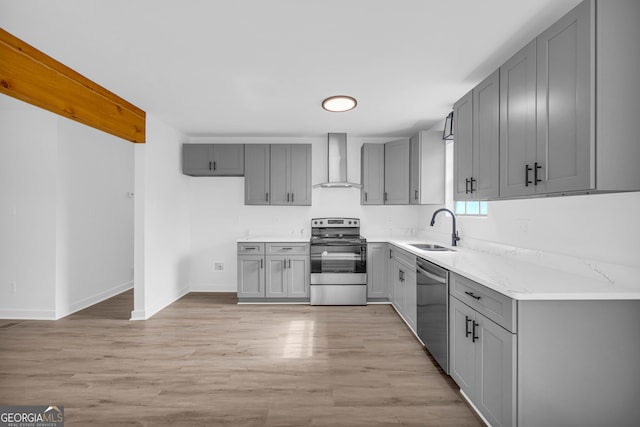 kitchen with gray cabinets, light hardwood / wood-style floors, sink, wall chimney exhaust hood, and appliances with stainless steel finishes