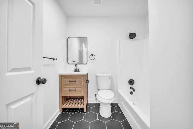 full bathroom with shower / bathtub combination, vanity, toilet, and tile patterned floors