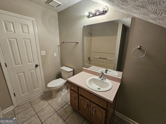 full bathroom featuring vanity, visible vents, tub / shower combination, a textured ceiling, and toilet