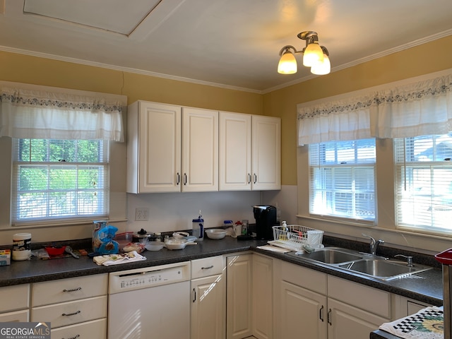 kitchen featuring crown molding, dishwasher, sink, and white cabinets