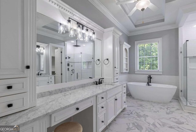 bathroom with shower with separate bathtub, ceiling fan, and vanity