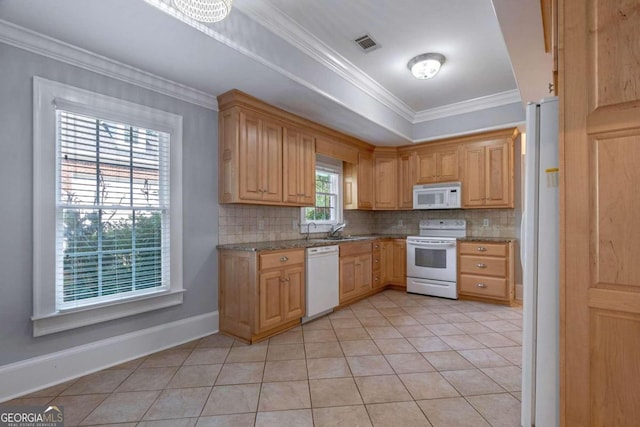 kitchen featuring light tile patterned flooring, sink, white appliances, backsplash, and ornamental molding