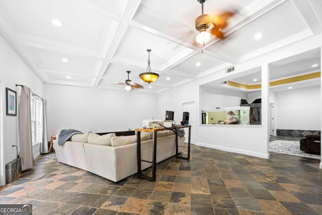 living room with beam ceiling, coffered ceiling, and ceiling fan