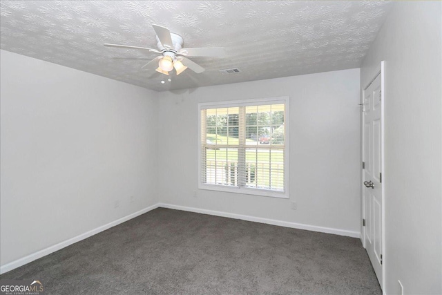 80 Stewart Hollow Ln, Covington, GA 30016 - empty room featuring baseboards, a textured ceiling, dark carpet, visible vents, and a ceiling fan