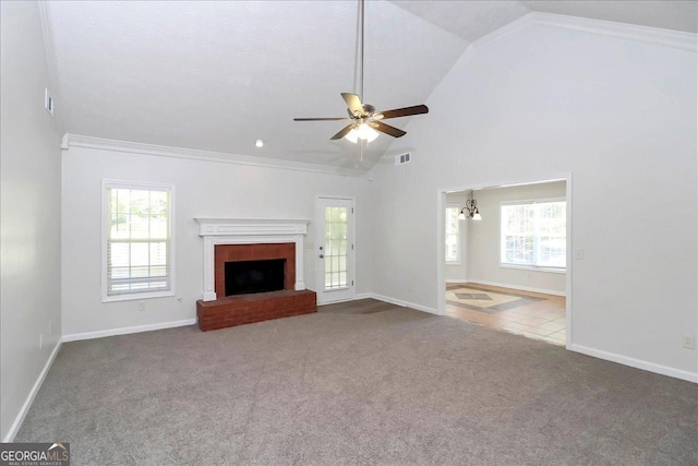 80 Stewart Hollow Ln, Covington, GA 30016 - unfurnished living room featuring a fireplace, a ceiling fan, baseboards, and carpet