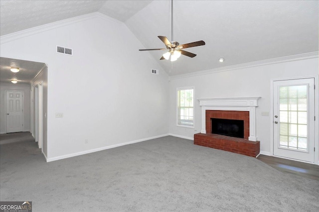 80 Stewart Hollow Ln, Covington, GA 30016 - unfurnished living room featuring a ceiling fan, carpet, crown molding, and visible vents