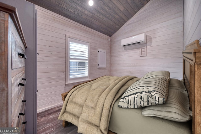 bedroom featuring wood ceiling, a wall unit AC, lofted ceiling, wooden walls, and hardwood / wood-style floors