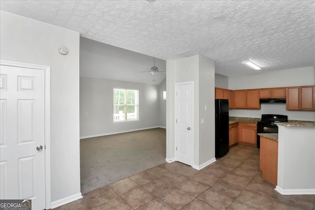 kitchen featuring a textured ceiling, black appliances, ceiling fan, and light colored carpet