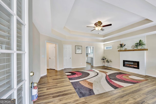 179 Bamboo Pt, Hartwell, GA 30643 - living room featuring a tray ceiling, wood finished floors, ceiling fan, and a glass covered fireplace