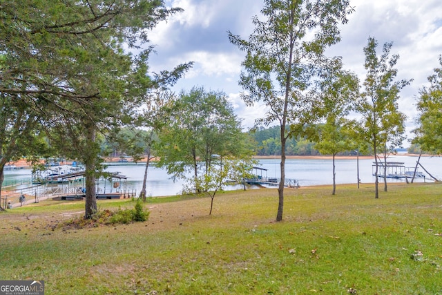 view of yard featuring a dock and a water view