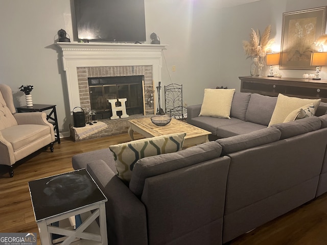 living room featuring wood-type flooring and a fireplace