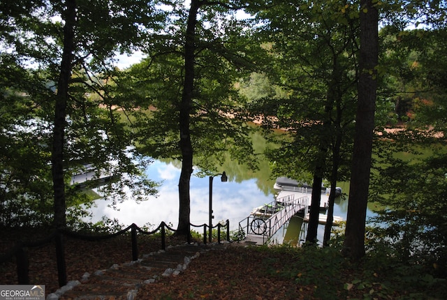 view of water feature with a dock