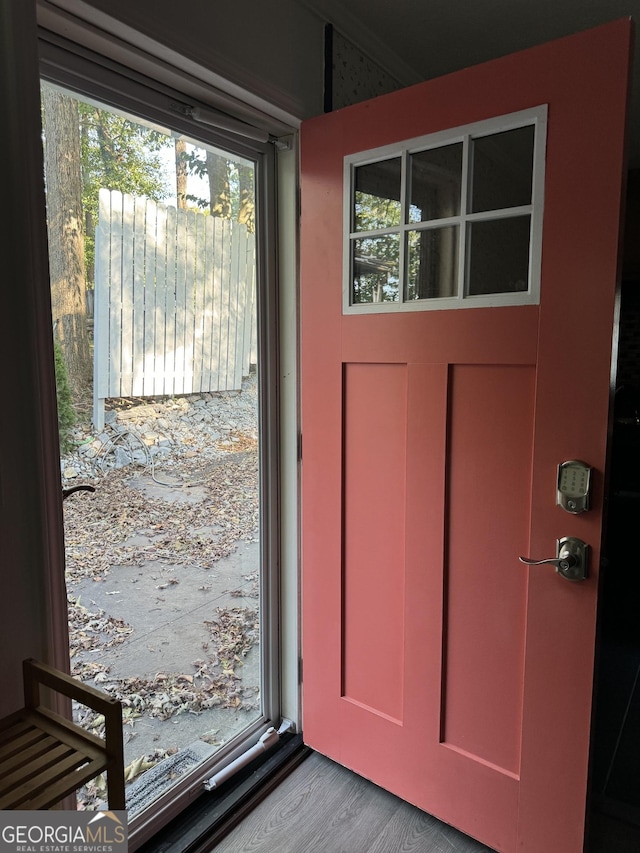 doorway to outside featuring wood-type flooring