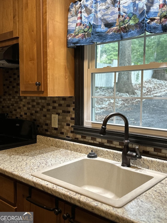 room details with sink, ventilation hood, and tasteful backsplash