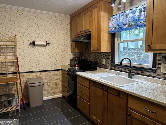 kitchen with a textured ceiling, dark tile patterned floors, sink, ornamental molding, and black gas range