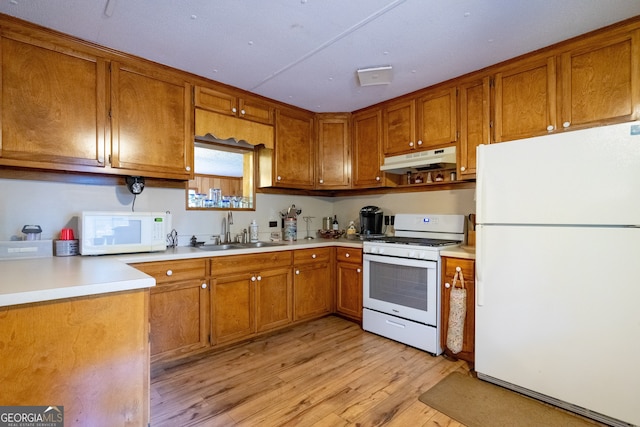 kitchen featuring white appliances, light hardwood / wood-style floors, and sink